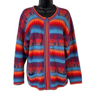 Alpaca zip up cardigan sweater from Peru with colorful striped Alpaca design